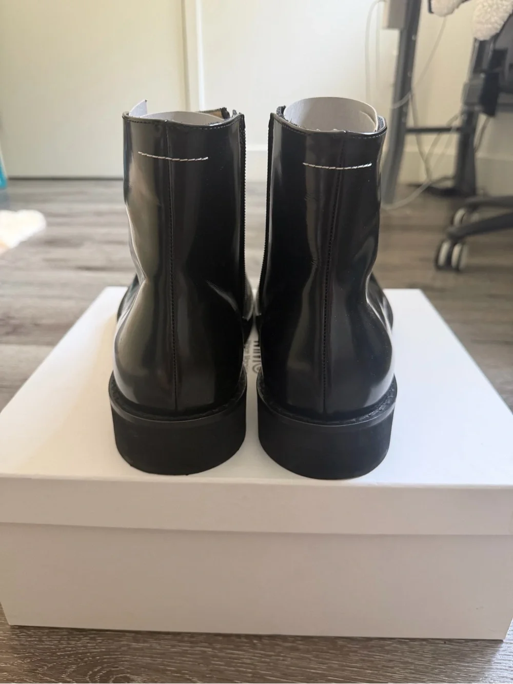 MM6 Maison Martin Margiela ‘Anatomic’ Black Glossy Leather Ankle Boots